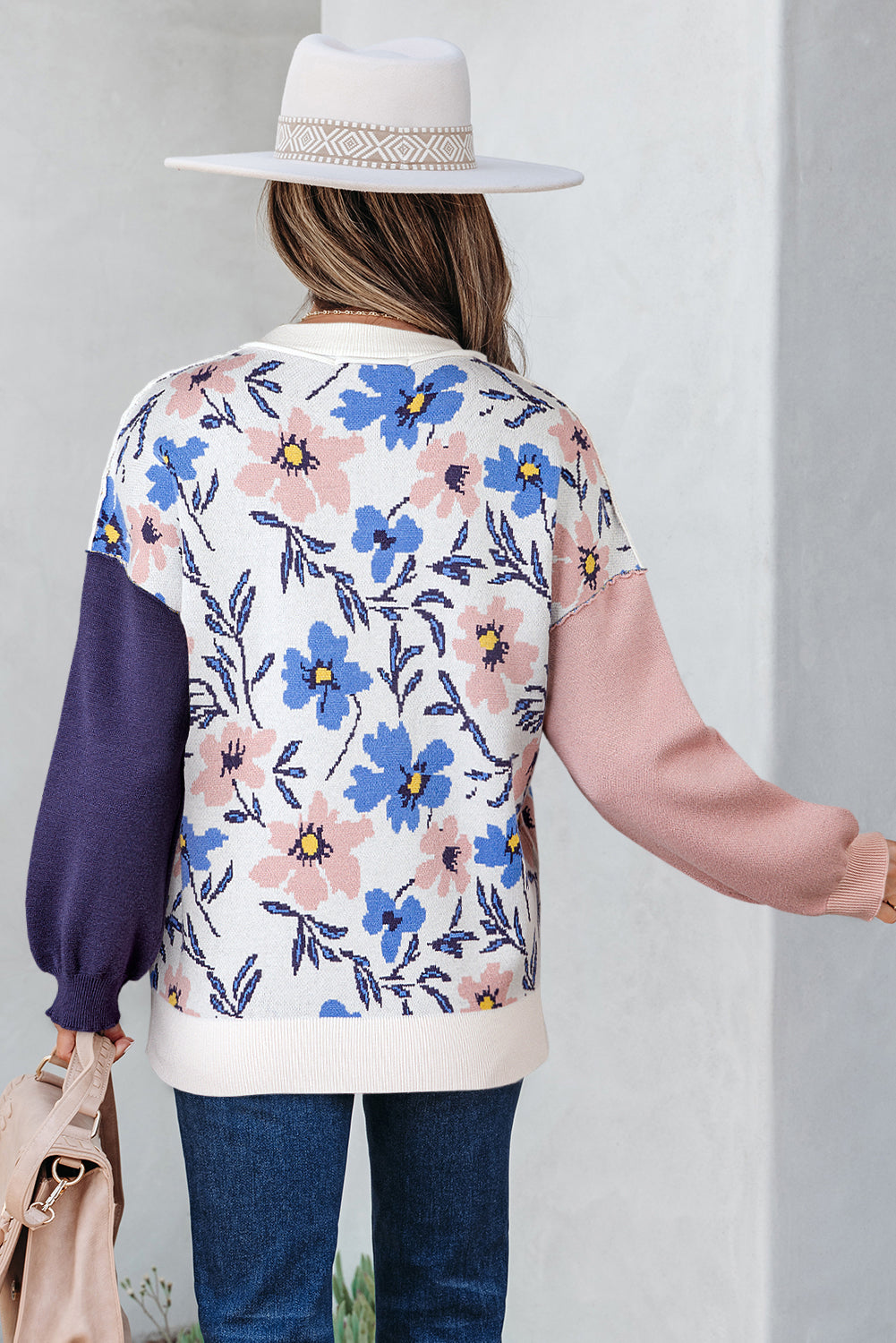 Khaki Floral Panel Colorblock Sleeve Patchwork Sweater-Sweaters & Cardigans/Sweaters-[Adult]-[Female]-2022 Online Blue Zone Planet