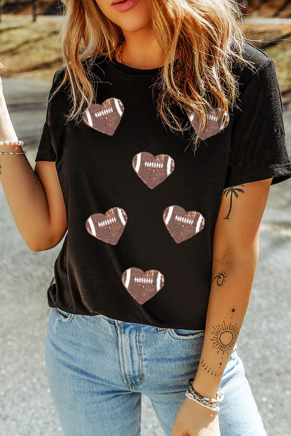 Black Football Sequin Heart Patched Graphic Tee