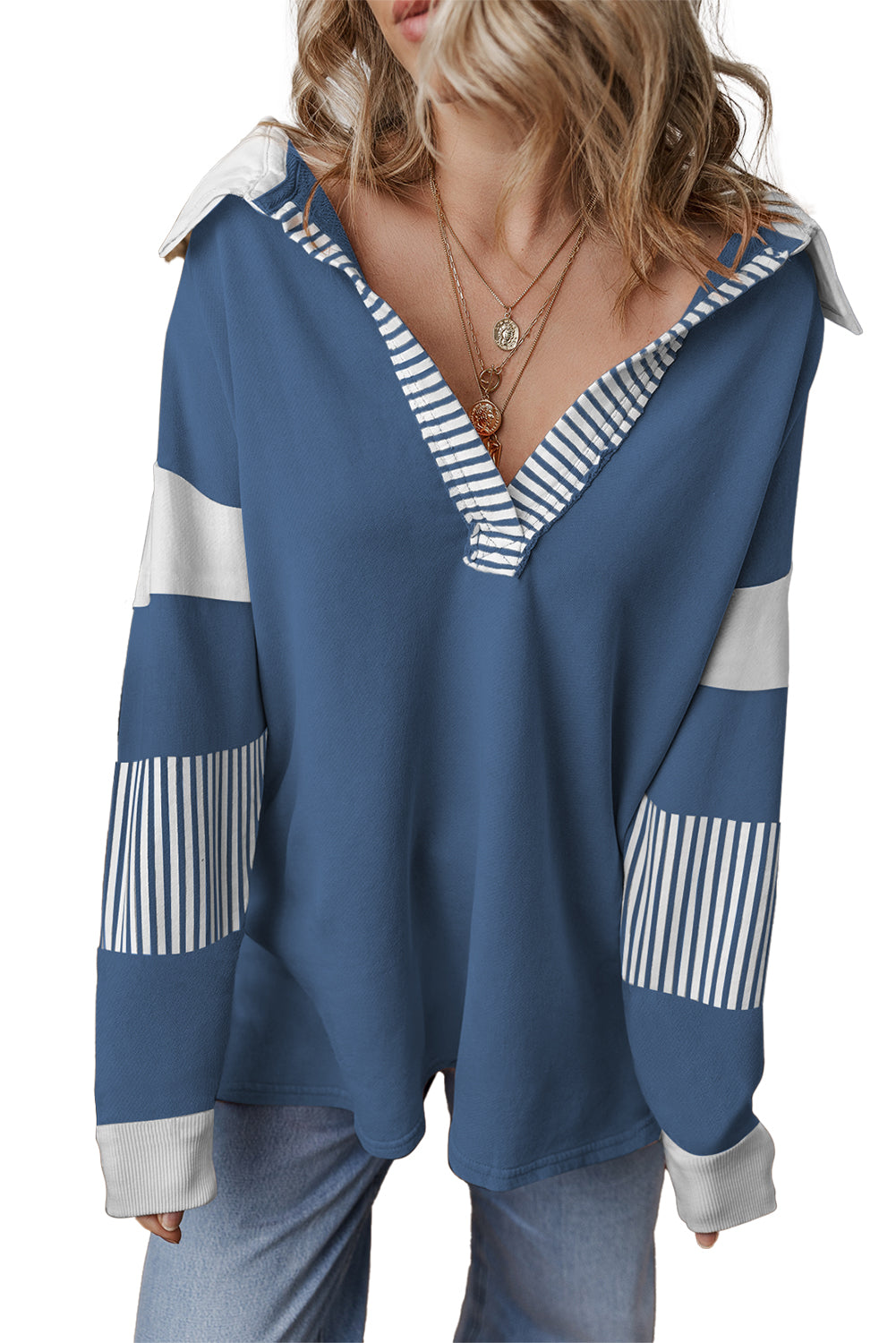 Sail Blue Striped Patchwork Collar Sweatshirt-Sweatshirts & Hoodies-[Adult]-[Female]-2022 Online Blue Zone Planet