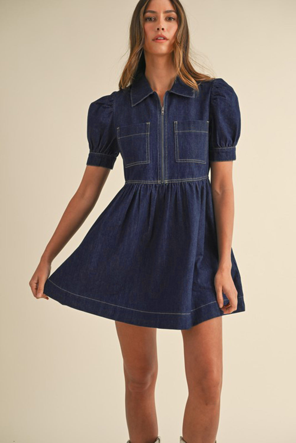 Dirty blue Zipped up Bodice Collared Short Puff Sleeve Denim Dress-TOPS / DRESSES-[Adult]-[Female]-2022 Online Blue Zone Planet