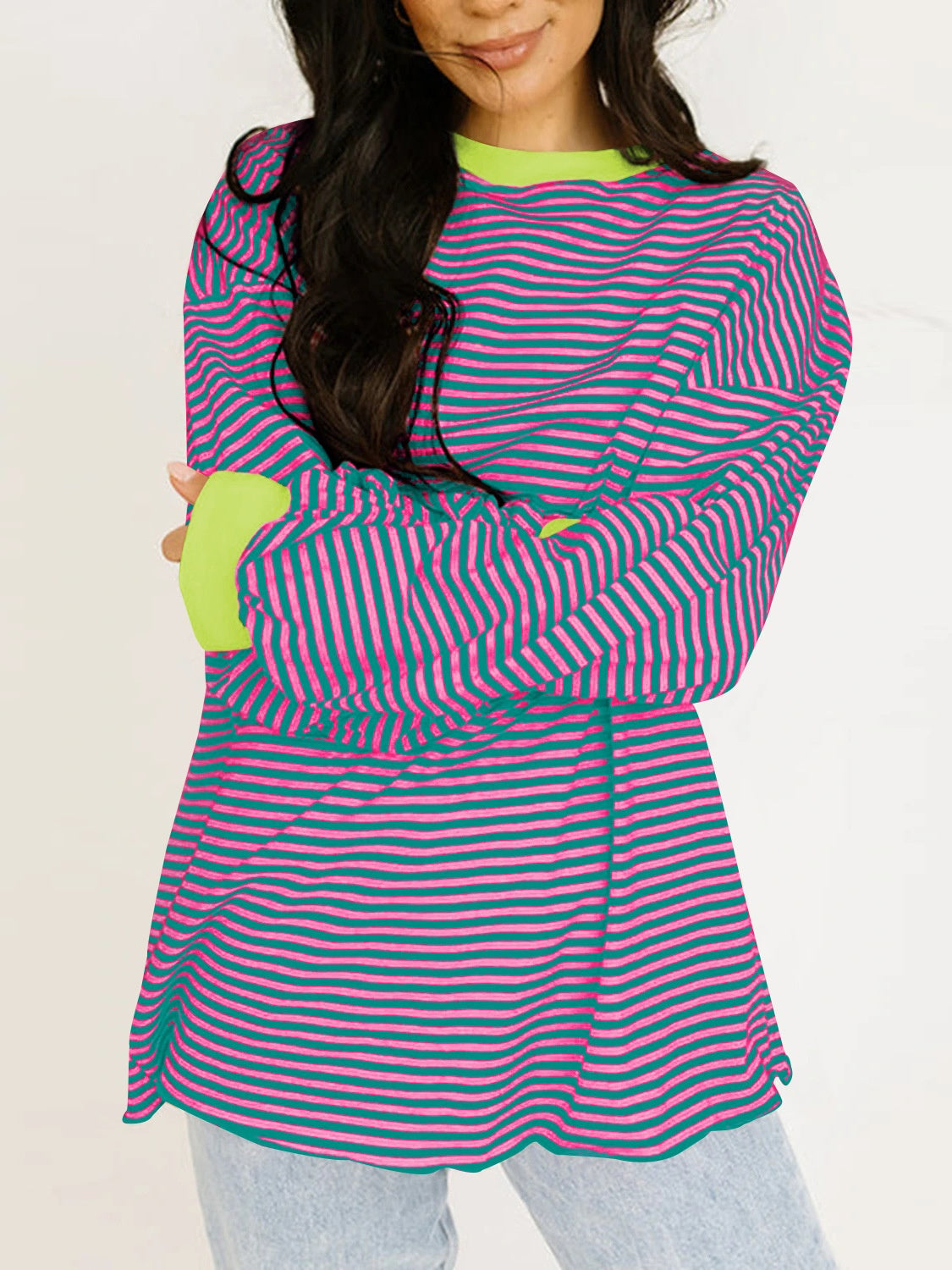 Contrast Striped Long Sleeve Sweatshirt-TOPS / DRESSES-[Adult]-[Female]-Red-Violet-S-2022 Online Blue Zone Planet