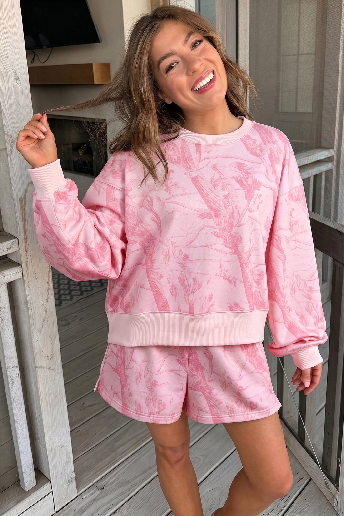 Pink Abstract Print Ribbed Crewneck Long Sleeve Top Elastic Waist Short Set-Two Piece Sets/Short Sets-[Adult]-[Female]-2022 Online Blue Zone Planet