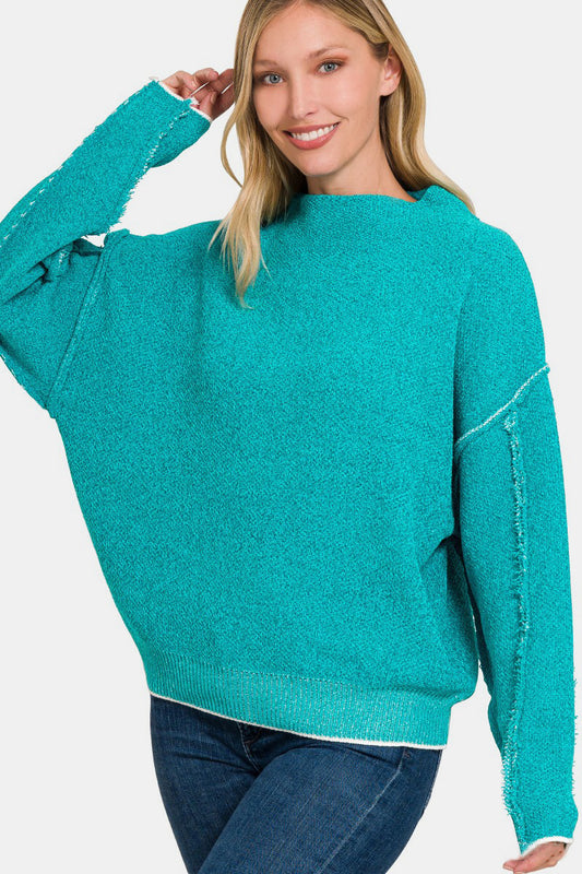 Zenana Exposed Seam Mock Neck Long Sleeve Sweater-TOPS / DRESSES-[Adult]-[Female]-Lt Teal-S/M-2022 Online Blue Zone Planet