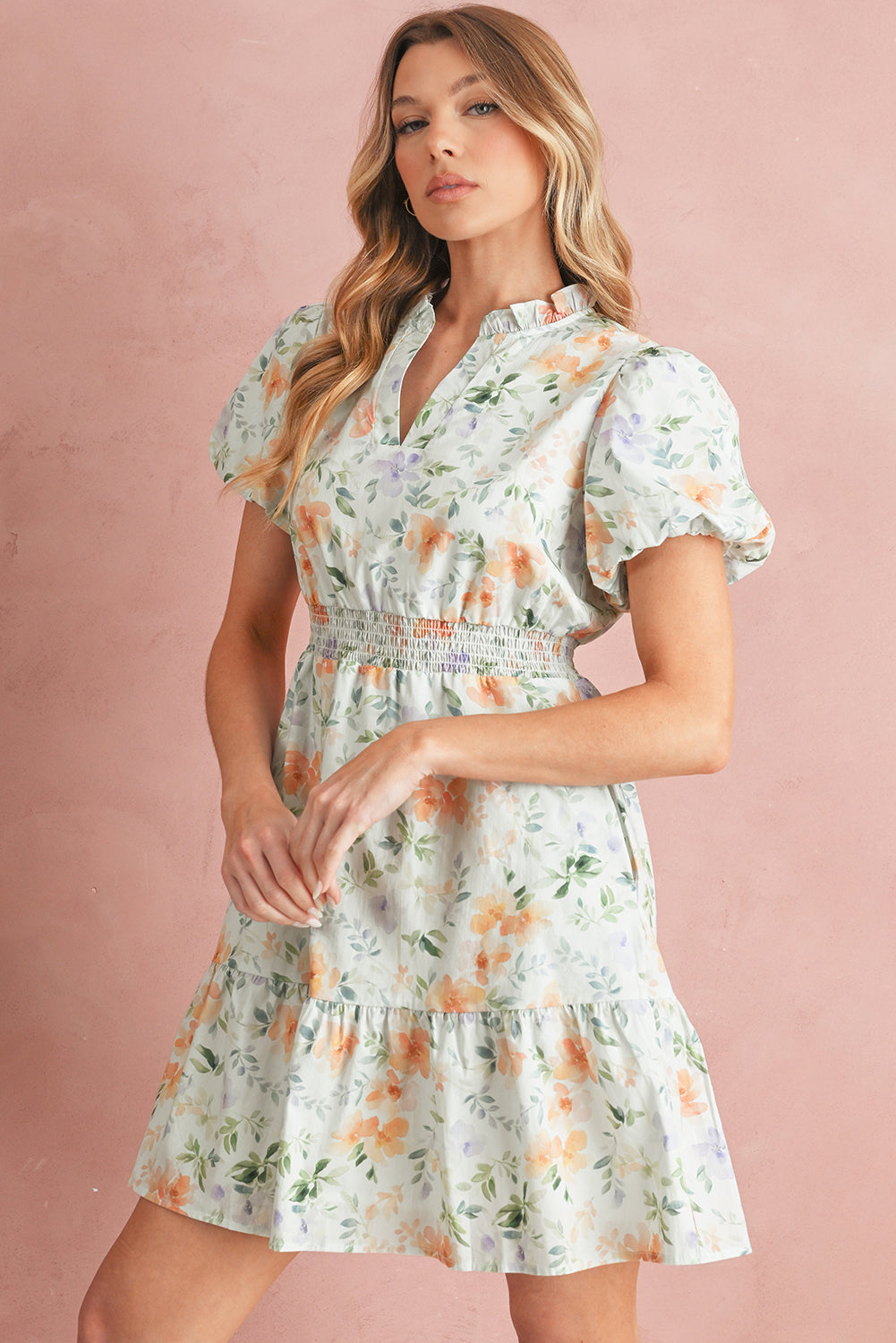Beige Floral Print Smocked High Waist Puff Sleeve Mini Dress-TOPS / DRESSES-[Adult]-[Female]-2022 Online Blue Zone Planet