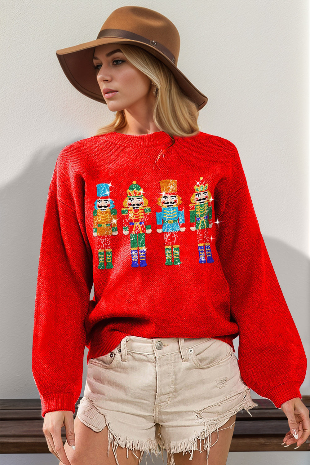 Blue Zone Planet | Double Take Full Size Sequin Nutcracker Long Sleeve Sweater-TOPS / DRESSES-[Adult]-[Female]-Red-S/M-2022 Online Blue Zone Planet