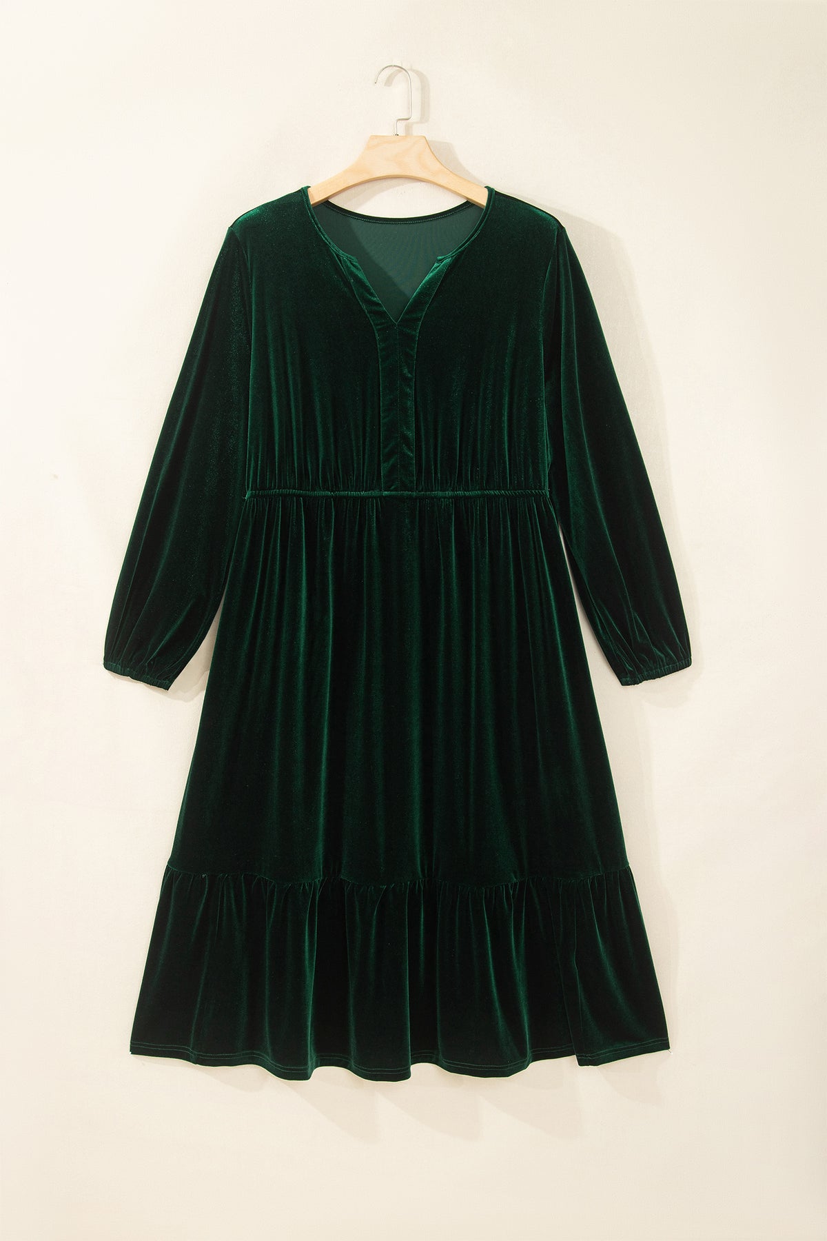 Blackish Green V Neck Long Sleeve Velvet Loose Fit Plus Size Dress-Plus Size/Plus Size Dresses/Plus Size Maxi Dresses-[Adult]-[Female]-2022 Online Blue Zone Planet