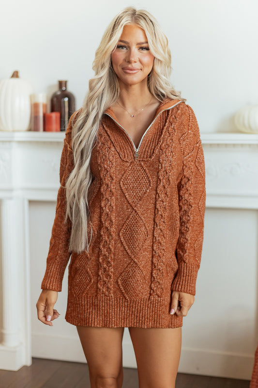 Clay Zip-Up Cable Knit Drop Shoulder Sweater Dress-TOPS / DRESSES-[Adult]-[Female]-Clay-S-2022 Online Blue Zone Planet