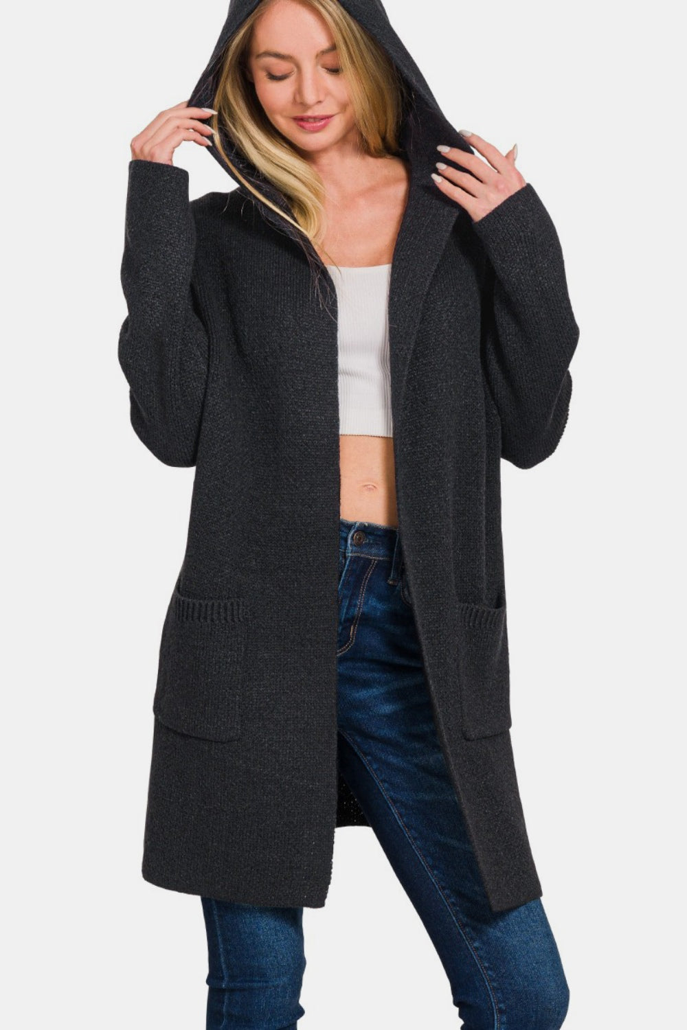 Blue Zone Planet | Zenana Hooded Open Front Sweater Cardigan-TOPS / DRESSES-[Adult]-[Female]-2022 Online Blue Zone Planet