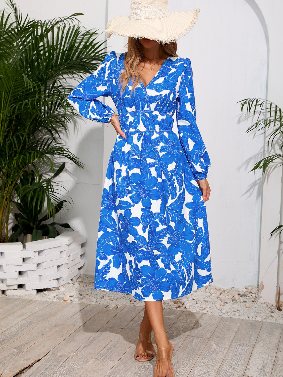 Printed Surplice Long Sleeve Midi Dress-TOPS / DRESSES-[Adult]-[Female]-2022 Online Blue Zone Planet