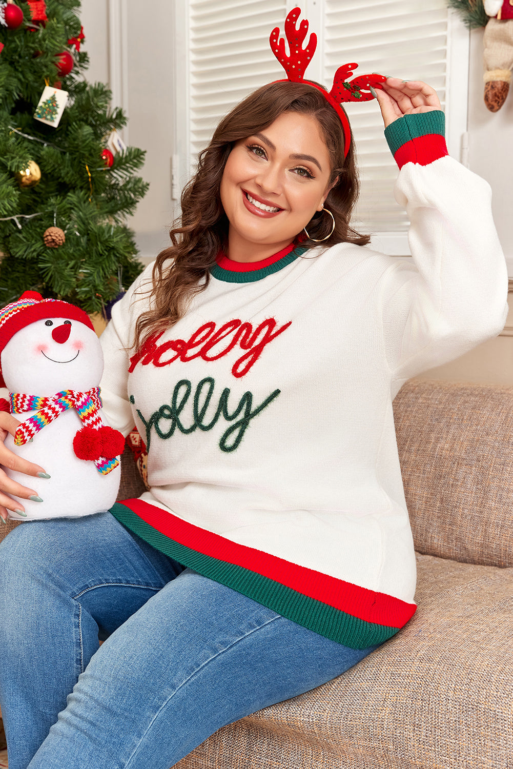 Blue Zone Planet | White Tinsel holly jolly Pattern Colorblock Edge Drop Shoulder Plus Size Sweater-Plus Size/Plus Size Sweaters & Cardigans-[Adult]-[Female]-White-1X-2022 Online Blue Zone Planet