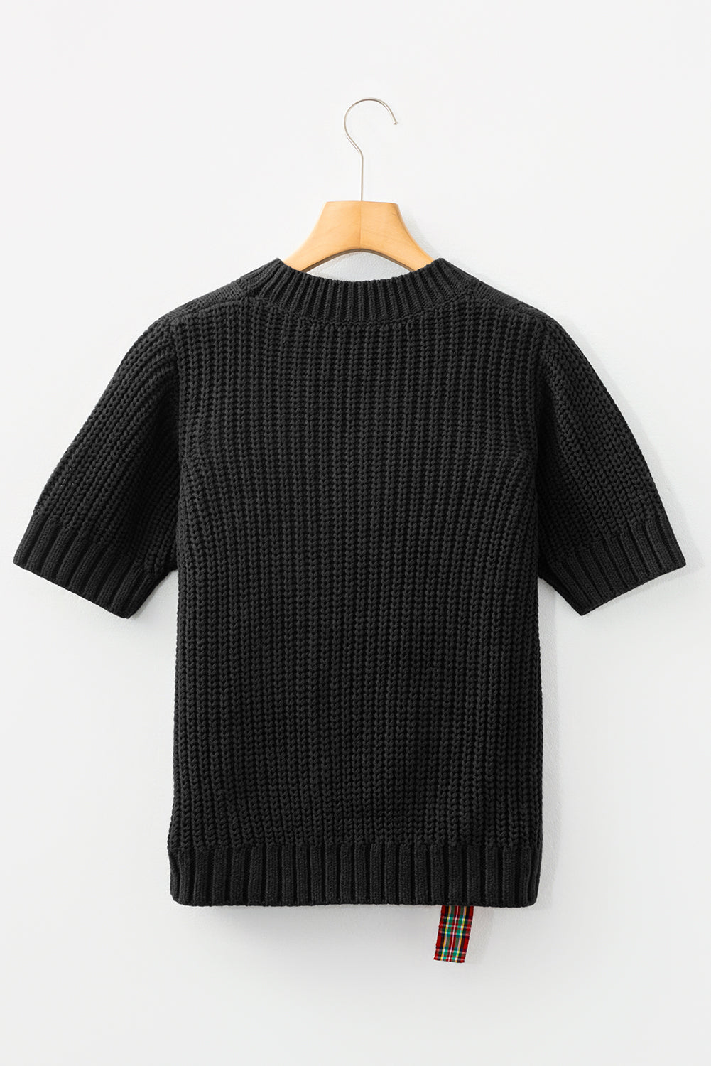 Black Plaid Lace up Detail Christmas Holiday Puff Short Sleeve Sweater-Sweaters & Cardigans/Short Sleeve Sweaters-[Adult]-[Female]-2022 Online Blue Zone Planet
