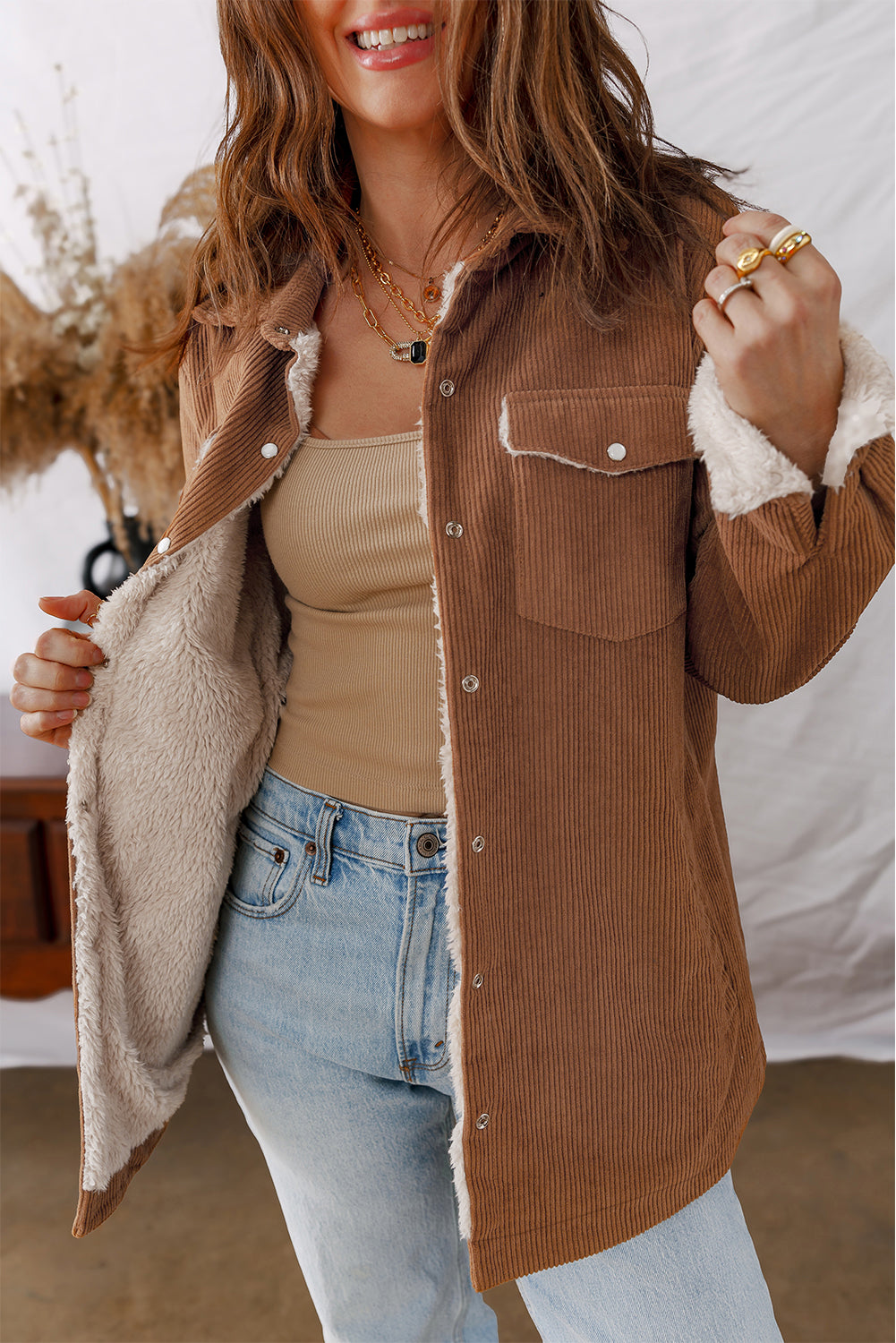 Cinnamon Fleece Lined Buttoned Flap Pockets Corduroy Jacket-Outerwear/Jackets-[Adult]-[Female]-2022 Online Blue Zone Planet