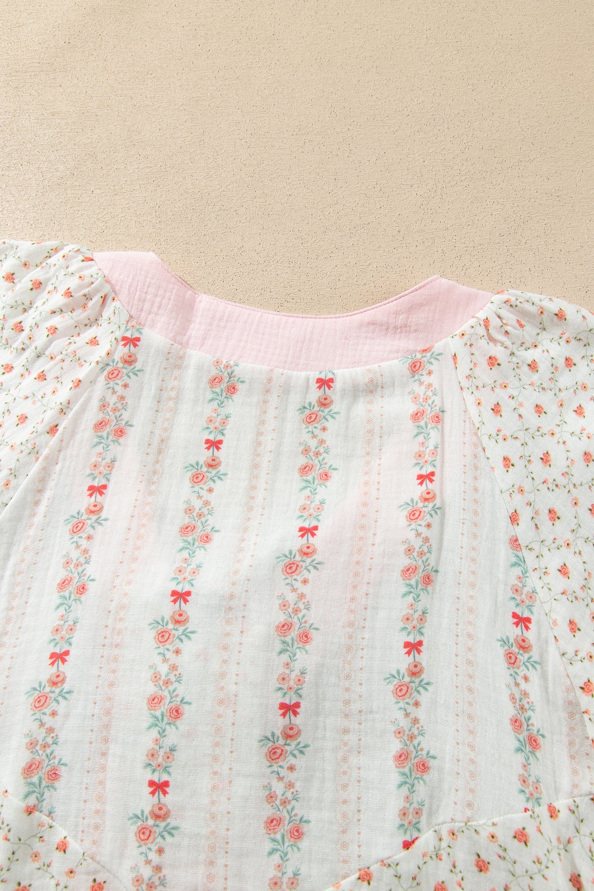 Beige Floral Print Color Block Trim Lace-up V Neck Long Sleeve Blouse-Tops/Blouses & Shirts-[Adult]-[Female]-2022 Online Blue Zone Planet