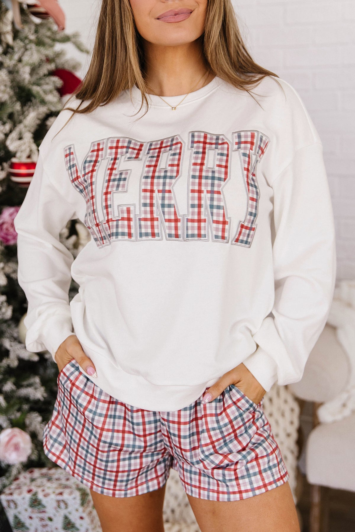 Multicolour Plaid MERRY Holiday Long Sleeve Top and Shorts Set-Two Piece Sets/Short Sets-[Adult]-[Female]-2022 Online Blue Zone Planet