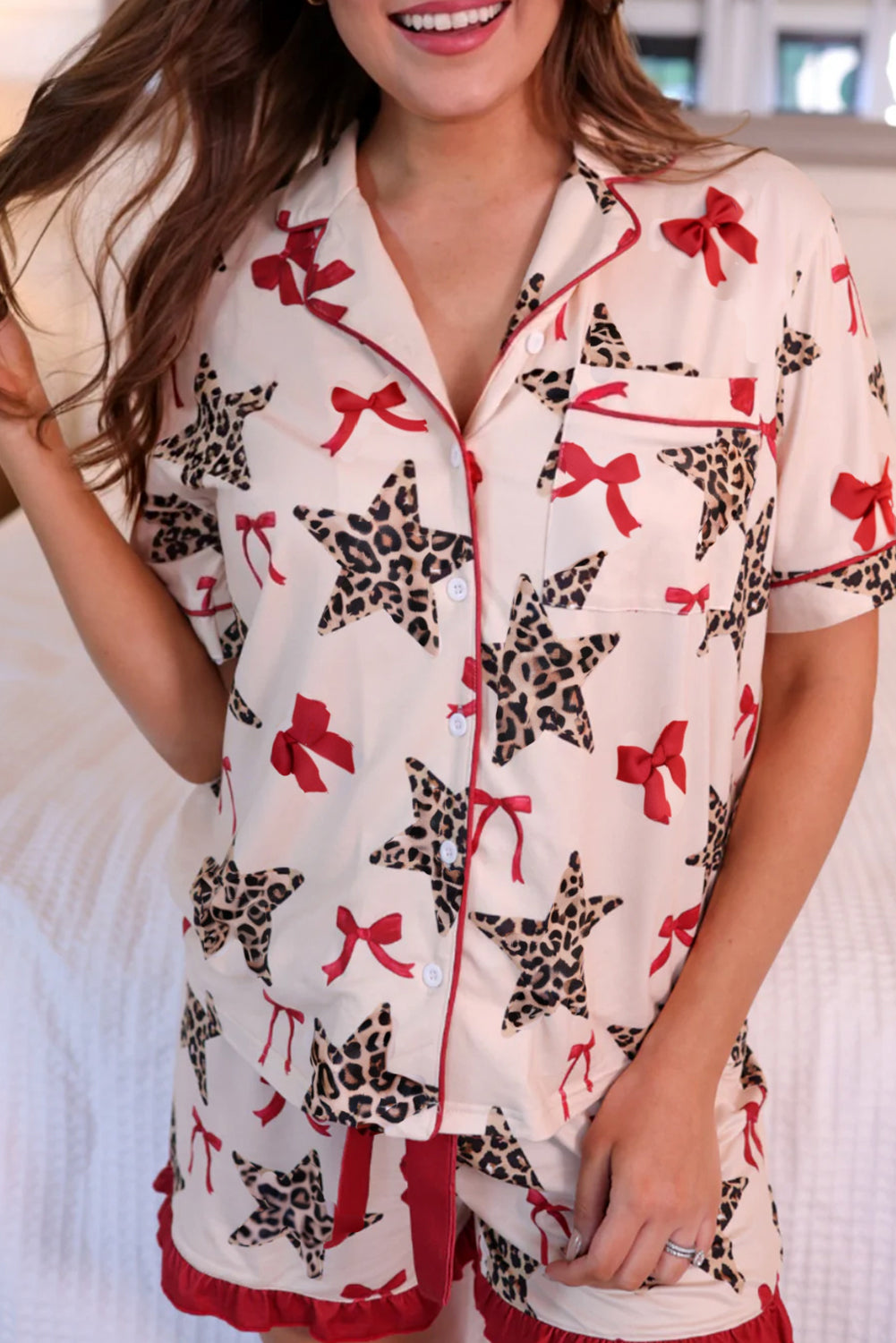 White Leopard Star Print Ruffle Trim Pajama Set-Loungewear Set-[Adult]-[Female]-White-L-2022 Online Blue Zone Planet