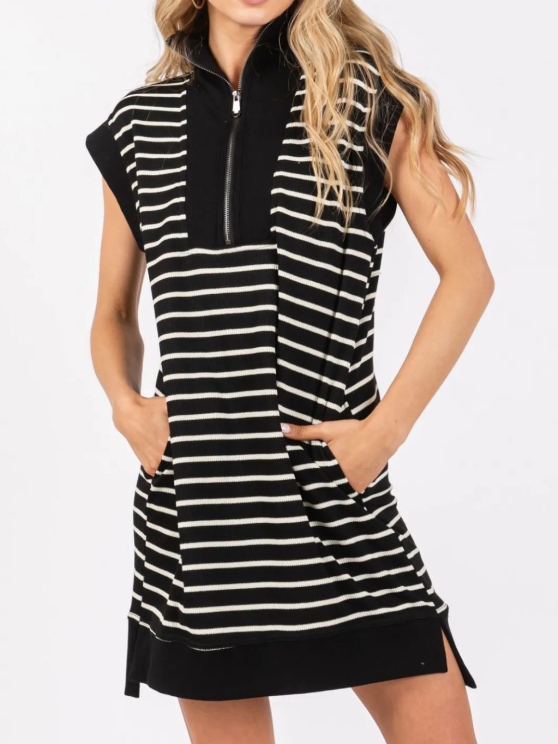 Blue Zone Planet | Full Size Pocketed Striped Quarter Zip Cap Sleeve Dress-TOPS / DRESSES-[Adult]-[Female]-Black-S-2022 Online Blue Zone Planet