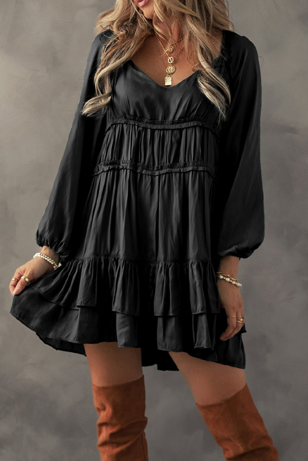 Mist Green Puff Sleeve Loose Fit Tiered Ruffle Mini Dress-Short Dresses-[Adult]-[Female]-2022 Online Blue Zone Planet