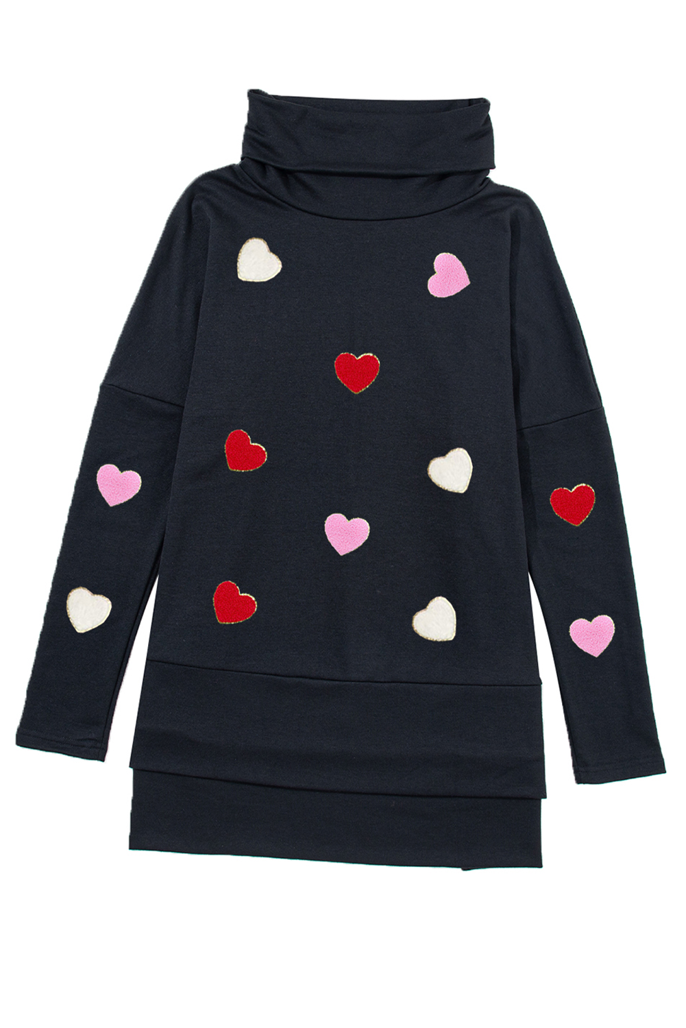 Black Valentines Chenille Heart Patched Dolman Sleeve High Neck Split Top-Graphic Apparel-[Adult]-[Female]-2022 Online Blue Zone Planet