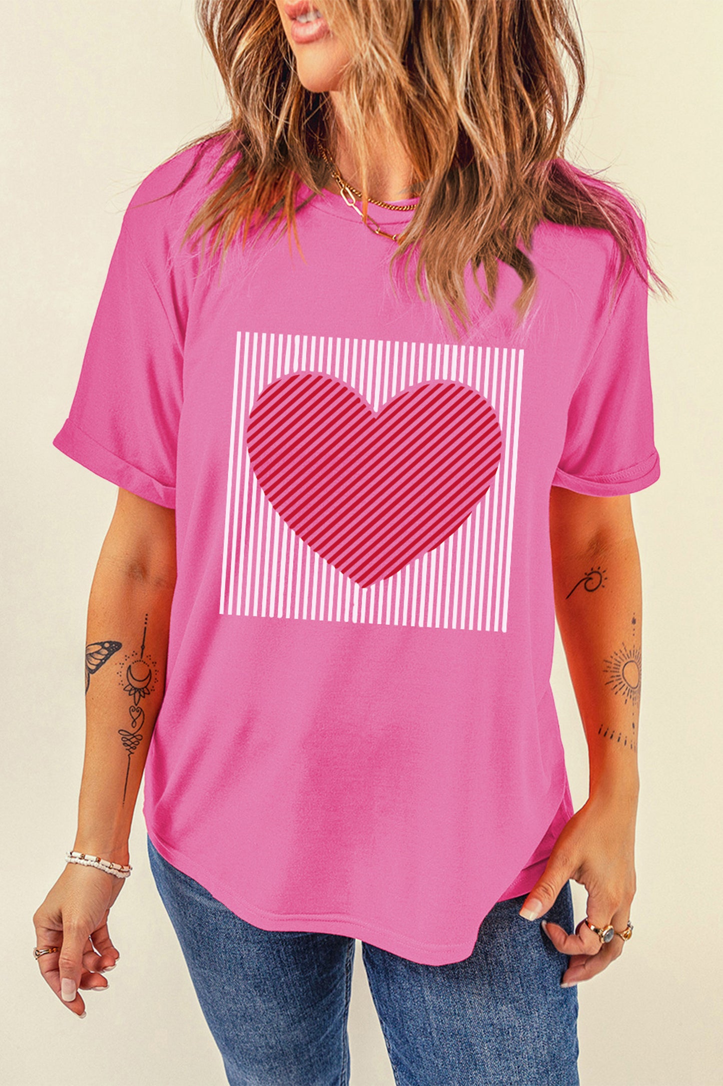Sachet Pink Contrast Striped Heart Printed Valentines Day T Shirt-Graphic Tees-[Adult]-[Female]-2022 Online Blue Zone Planet