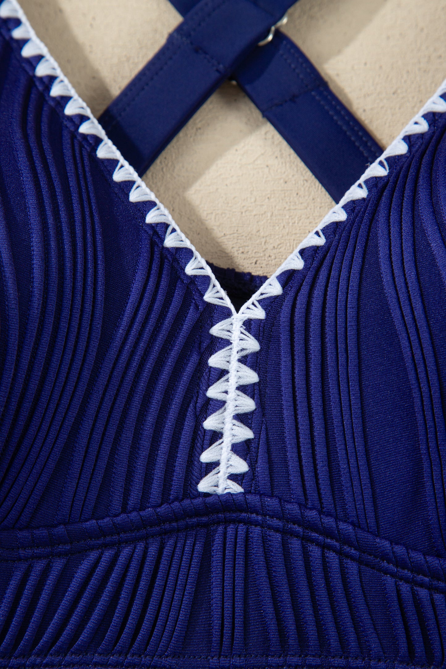 Dark Blue Shell Stitched Trim V Neck Textured Mix and Match High Waist Bikinis-Swimwear/Bikinis-[Adult]-[Female]-2022 Online Blue Zone Planet