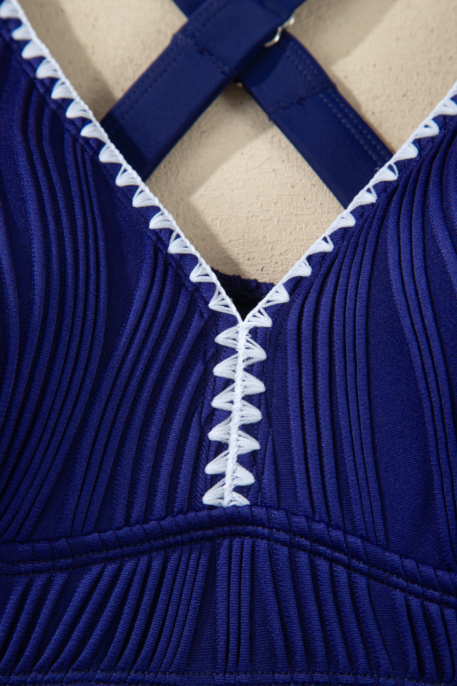 Dark Blue Shell Stitched Trim V Neck Textured Mix and Match High Waist Bikinis-Swimwear/Bikinis-[Adult]-[Female]-2022 Online Blue Zone Planet