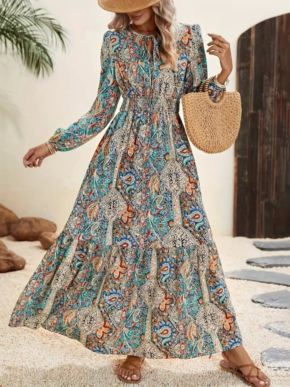 Blue Zone Planet | Printed Tie Neck Long Sleeve Maxi Dress-TOPS / DRESSES-[Adult]-[Female]-2022 Online Blue Zone Planet