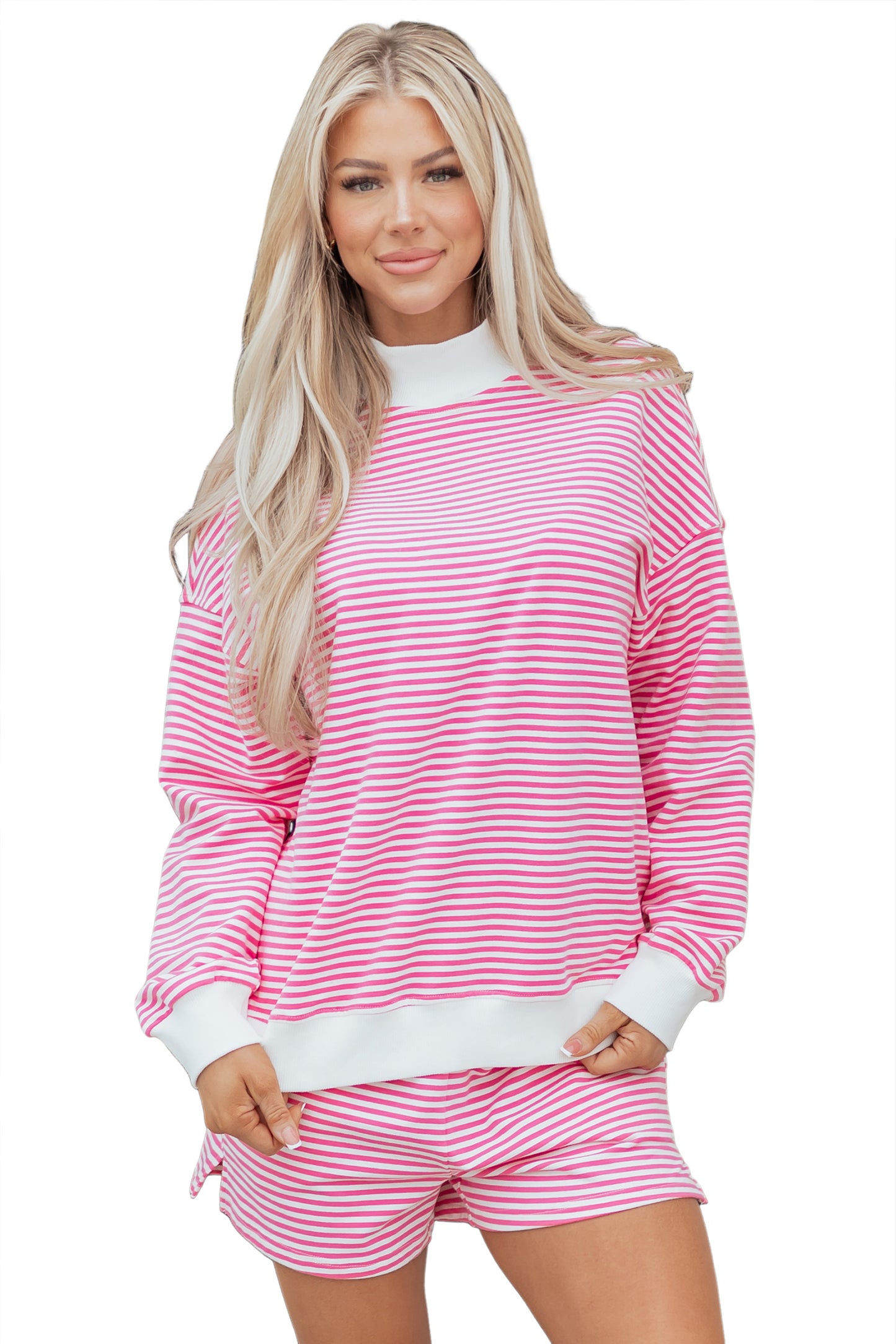 Pink Stripe Oversize Mock Neck Sweatshirt and Shorts Set-Two Piece Sets/Short Sets-[Adult]-[Female]-2022 Online Blue Zone Planet