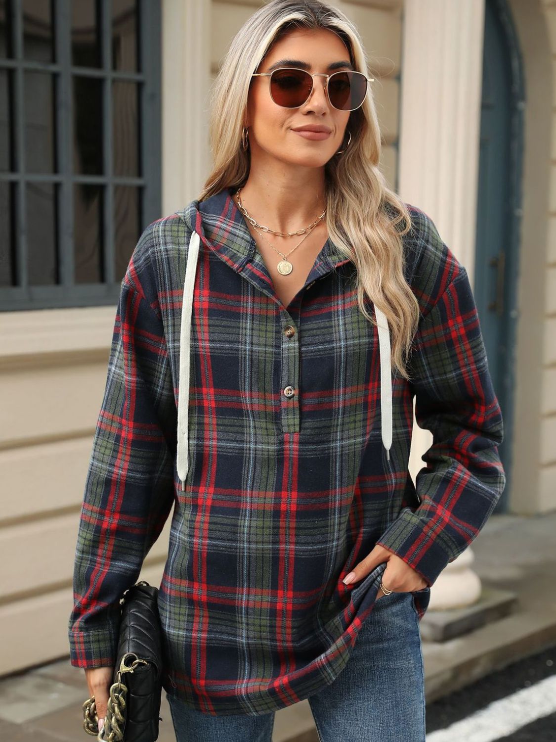 Blue Zone Planet | Drawstring Plaid Hooded Long Sleeve Top-TOPS / DRESSES-[Adult]-[Female]-2022 Online Blue Zone Planet