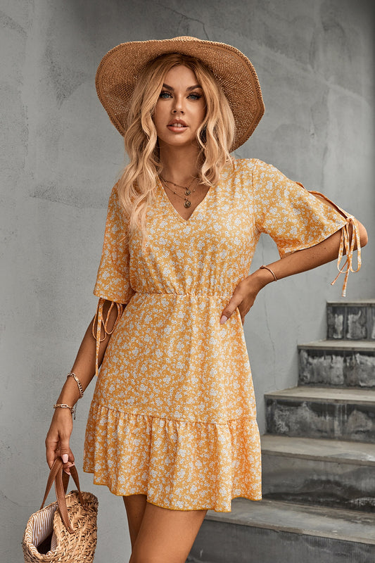 Ditsy Floral V-Neck Half Sleeve Mini Dress-TOPS / DRESSES-[Adult]-[Female]-Pastel Yellow-S-2022 Online Blue Zone Planet
