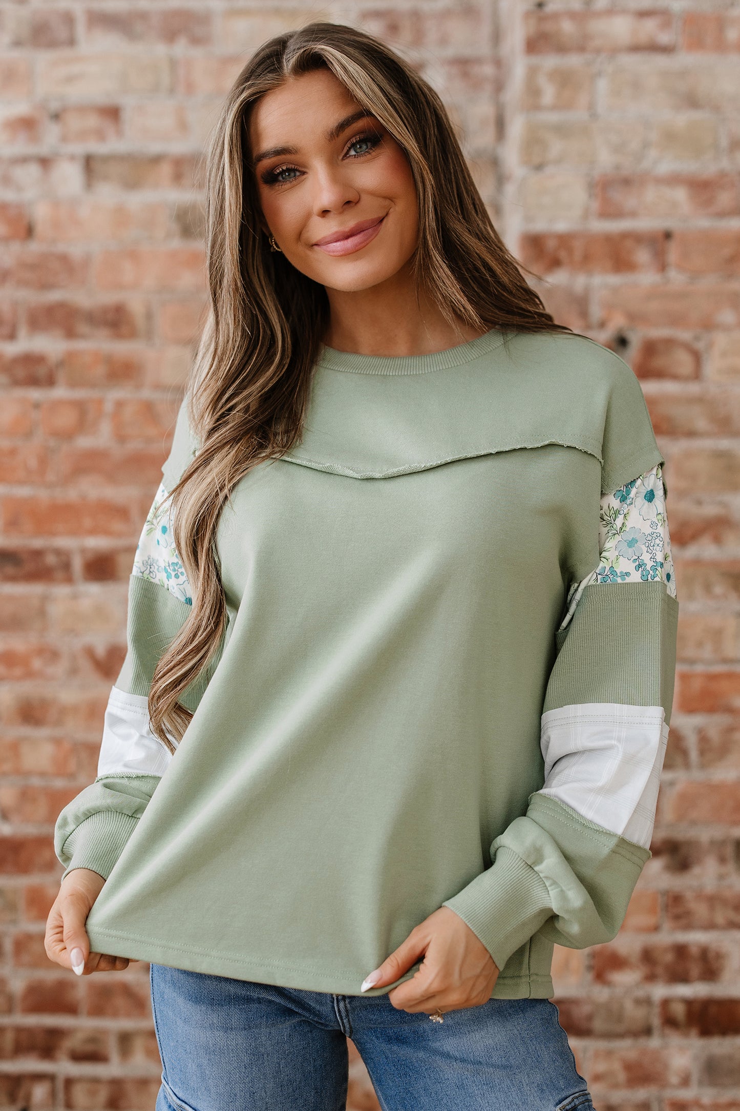 Laurel Green Floral Plaid Mixed Sleeve Raw Edge Relaxed French Terry Top-Tops/Long Sleeve Tops-[Adult]-[Female]-2022 Online Blue Zone Planet