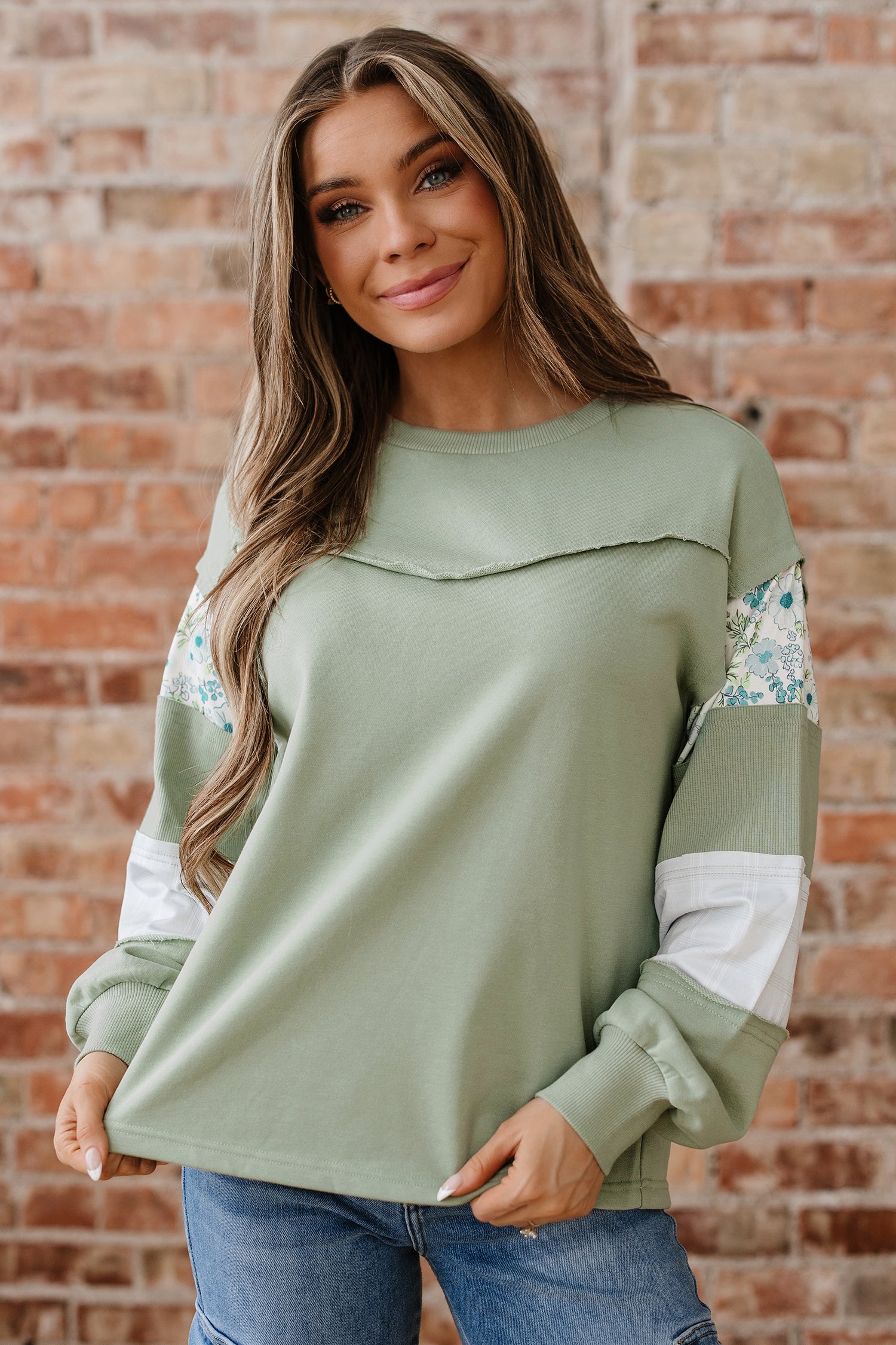 Laurel Green Floral Plaid Mixed Sleeve Raw Edge Relaxed French Terry Top-Tops/Long Sleeve Tops-[Adult]-[Female]-2022 Online Blue Zone Planet