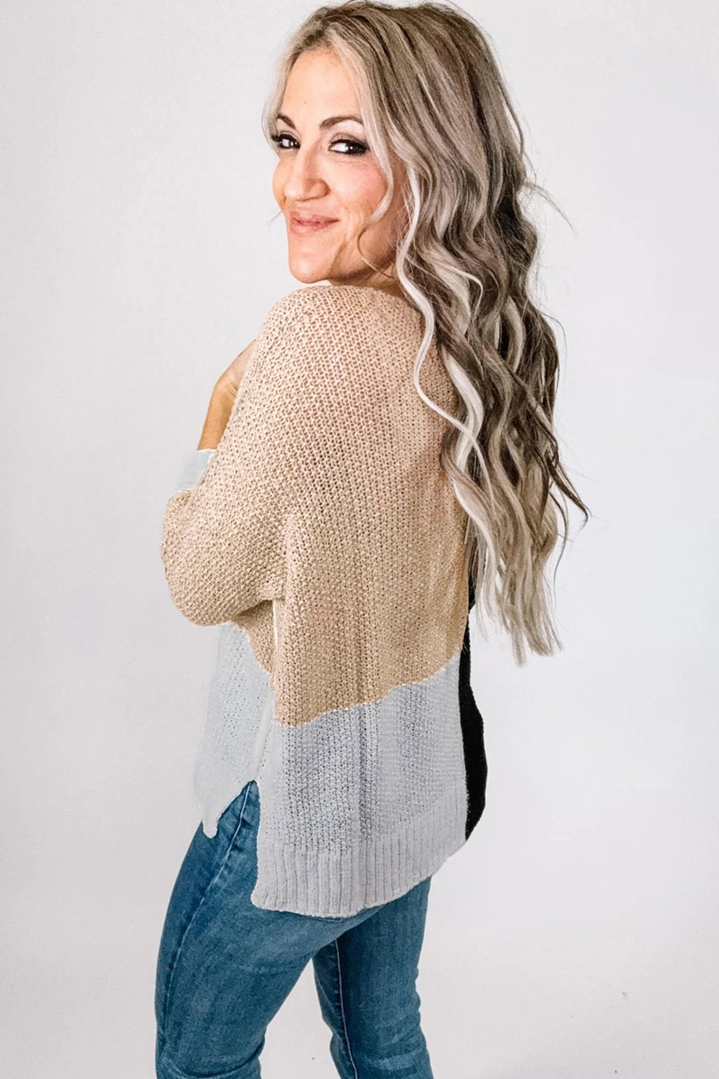 Black Color Block Knit V Neck Loose Sweater-Sweaters & Cardigans/Sweaters-[Adult]-[Female]-2022 Online Blue Zone Planet