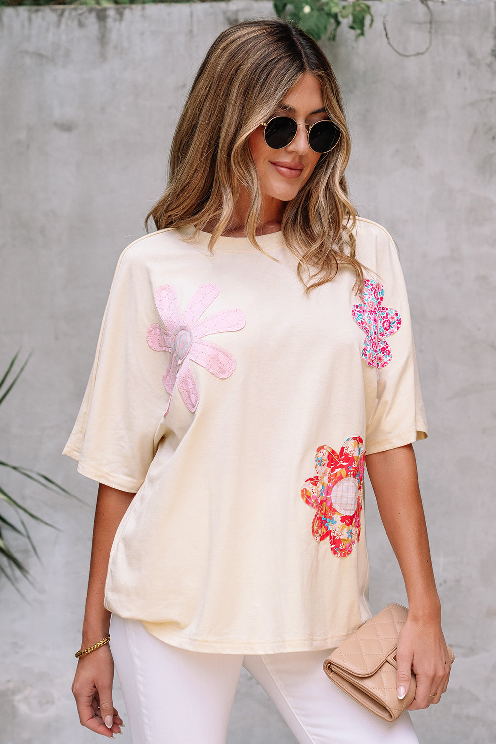 Apricot Flower Patched Exposed Stitching Trim Crew Neck Loose Tee-Tops/Tops & Tees-[Adult]-[Female]-2022 Online Blue Zone Planet