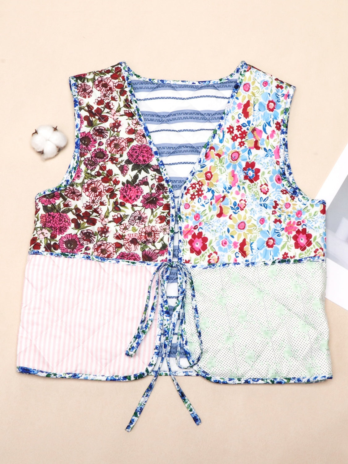 Tied Patchwork V-Neck Vest Coat-TOPS / DRESSES-[Adult]-[Female]-2022 Online Blue Zone Planet