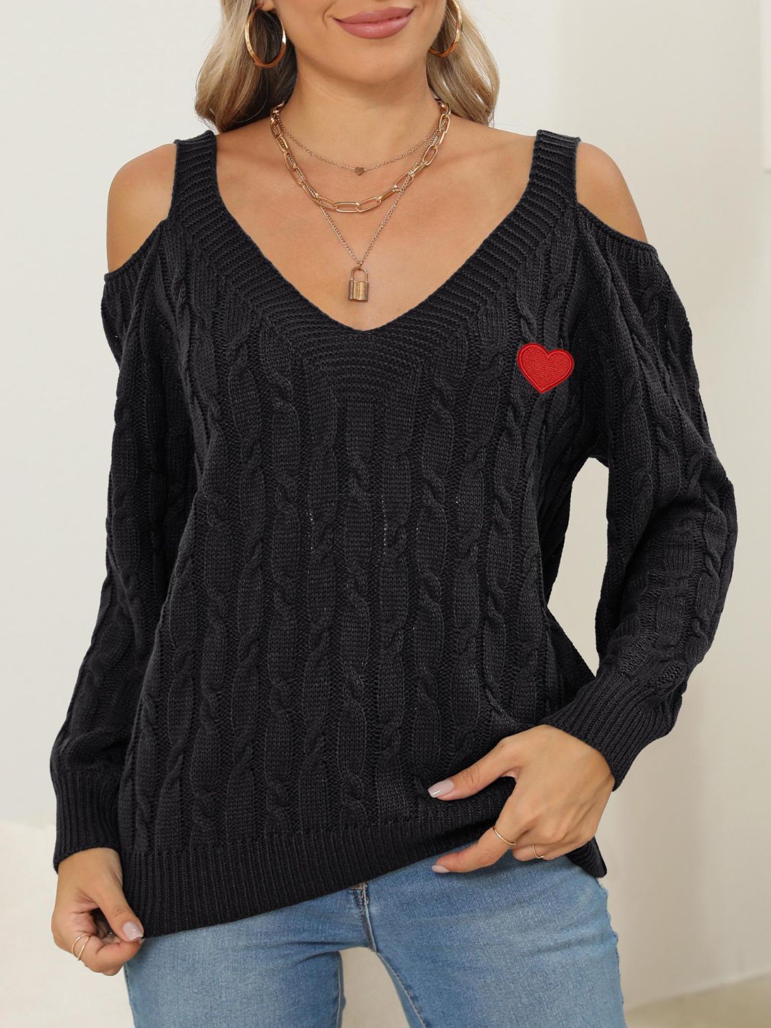 Cable-Knit Heart V-Neck Sweater-TOPS / DRESSES-[Adult]-[Female]-Black-S-2022 Online Blue Zone Planet