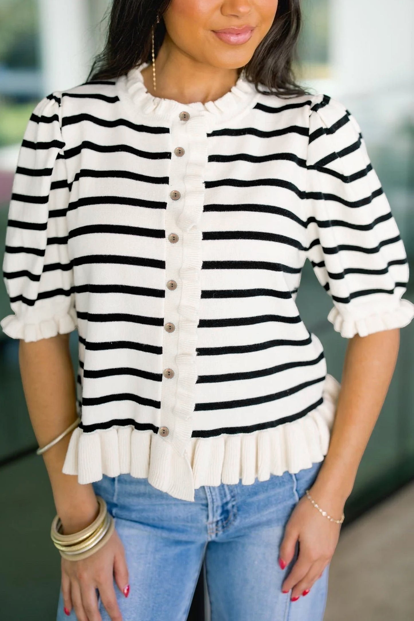 Beige Stripe Ruffle Trim Button Down Knit Short Sleeve Sweater Cardigan-TOPS / DRESSES-[Adult]-[Female]-2022 Online Blue Zone Planet