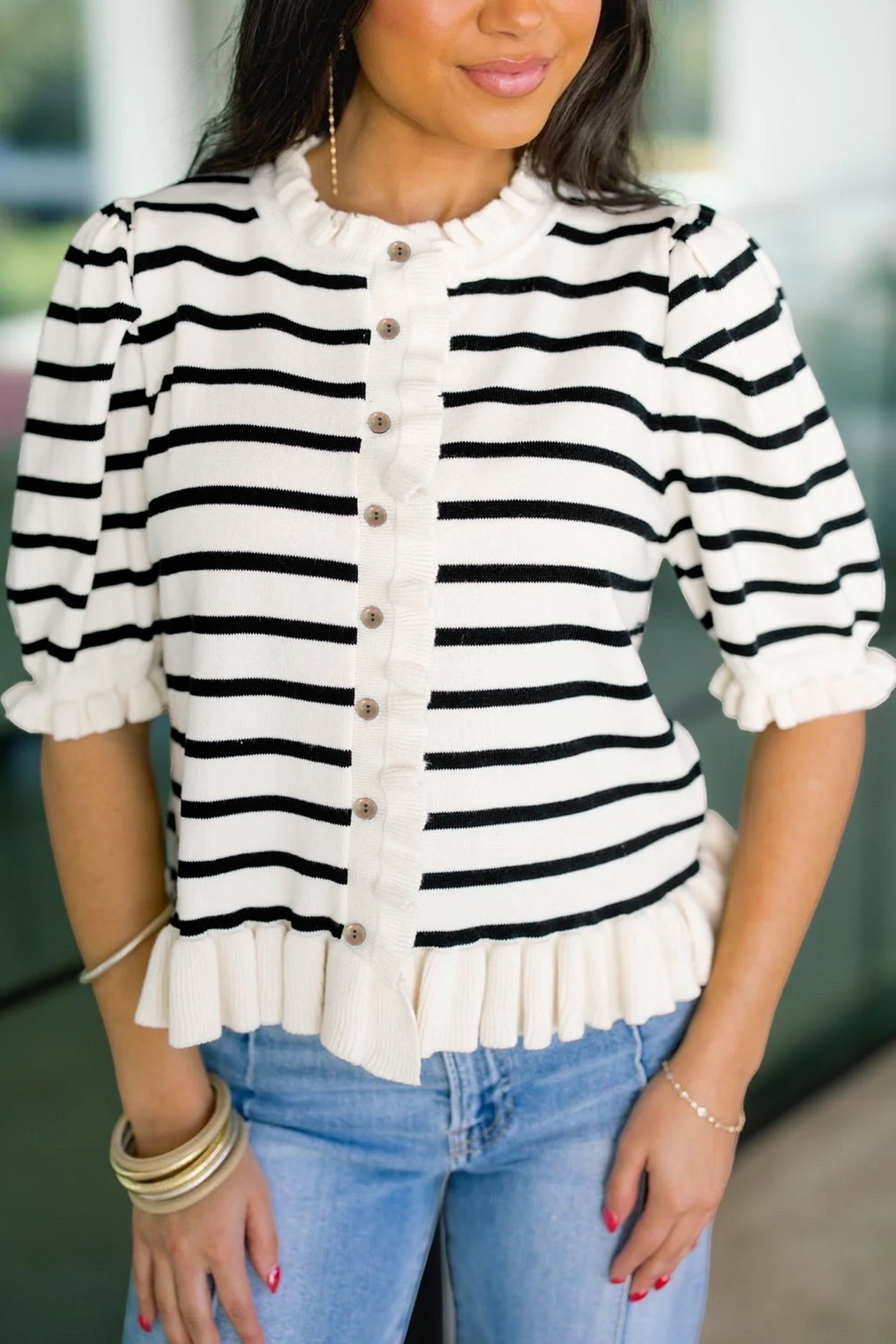 Beige Stripe Ruffle Trim Button Down Knit Short Sleeve Sweater Cardigan-TOPS / DRESSES-[Adult]-[Female]-2022 Online Blue Zone Planet