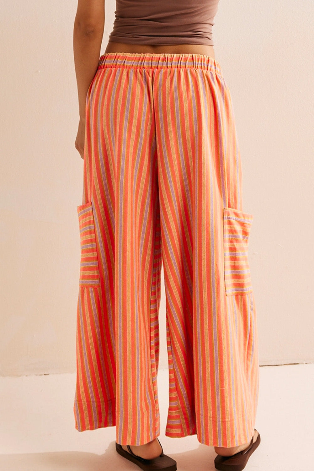 Orange Stripe Cropped Palazzo Pants with Pockets-Bottoms/Pants & Culotte-[Adult]-[Female]-2022 Online Blue Zone Planet
