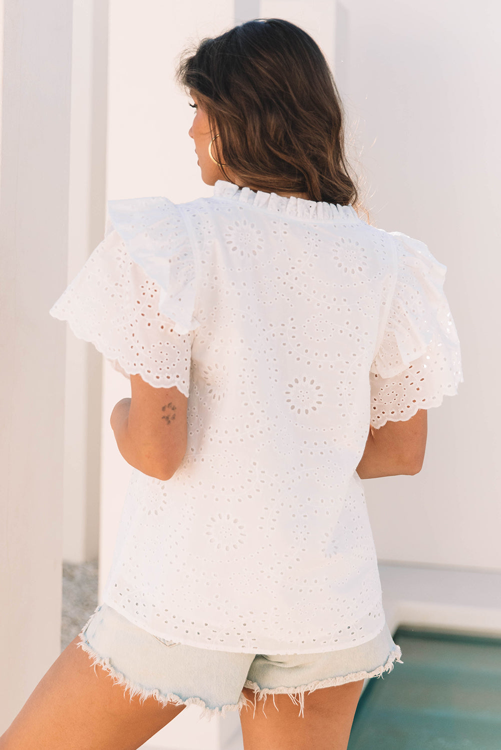 White Broderie Anglaise Ruffle Short Sleeve Blouse-Tops/Blouses & Shirts-[Adult]-[Female]-2022 Online Blue Zone Planet