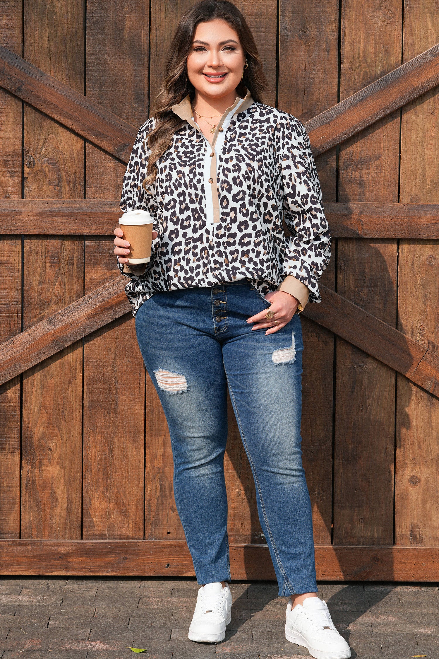 Multicolour Leopard Print Contrast Trim Button Split Neck Plus Long Sleeve Top-Plus Size/Plus Size Tops/Plus Size Long Sleeve Tops-[Adult]-[Female]-2022 Online Blue Zone Planet