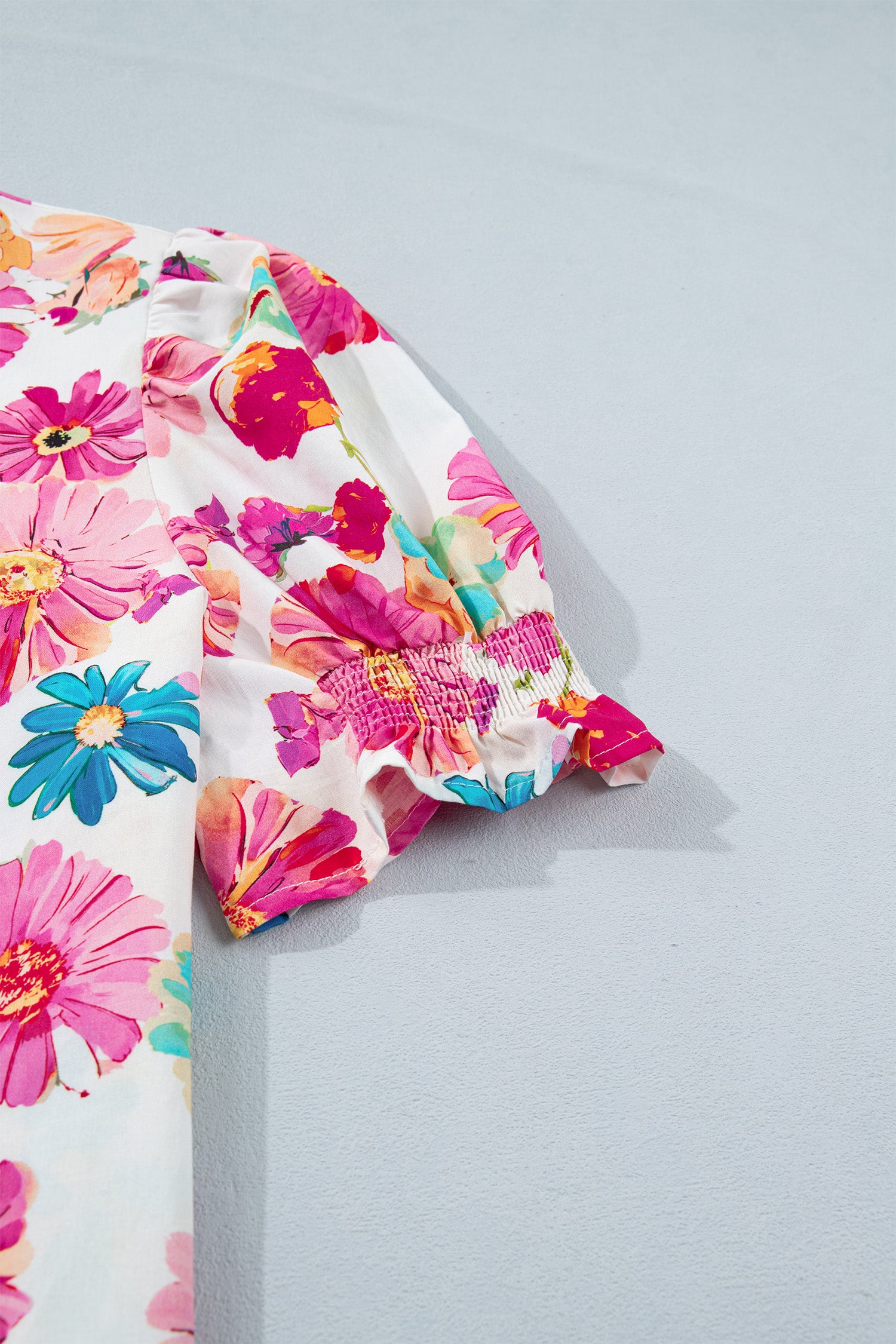 Beige Floral Print Short Puff Sleeve Striped Trim V Neck Blouse-Tops/Blouses & Shirts-[Adult]-[Female]-2022 Online Blue Zone Planet