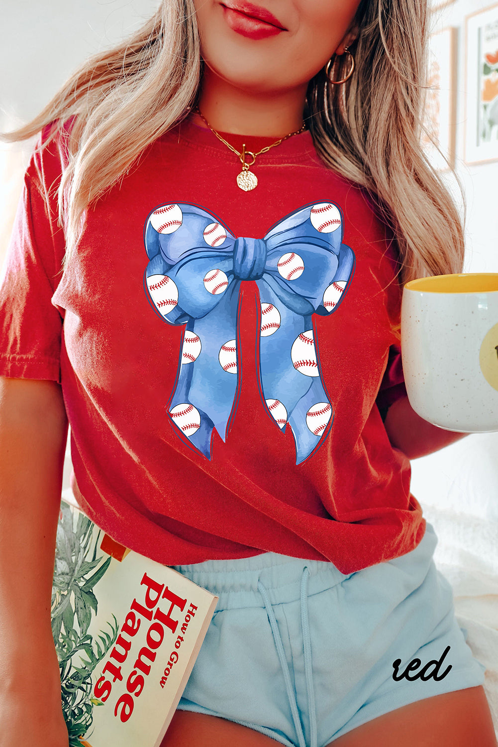 Red Rugby Bowknot Graphic Crew Neck Tee-Graphic/Graphic Tees-[Adult]-[Female]-2022 Online Blue Zone Planet