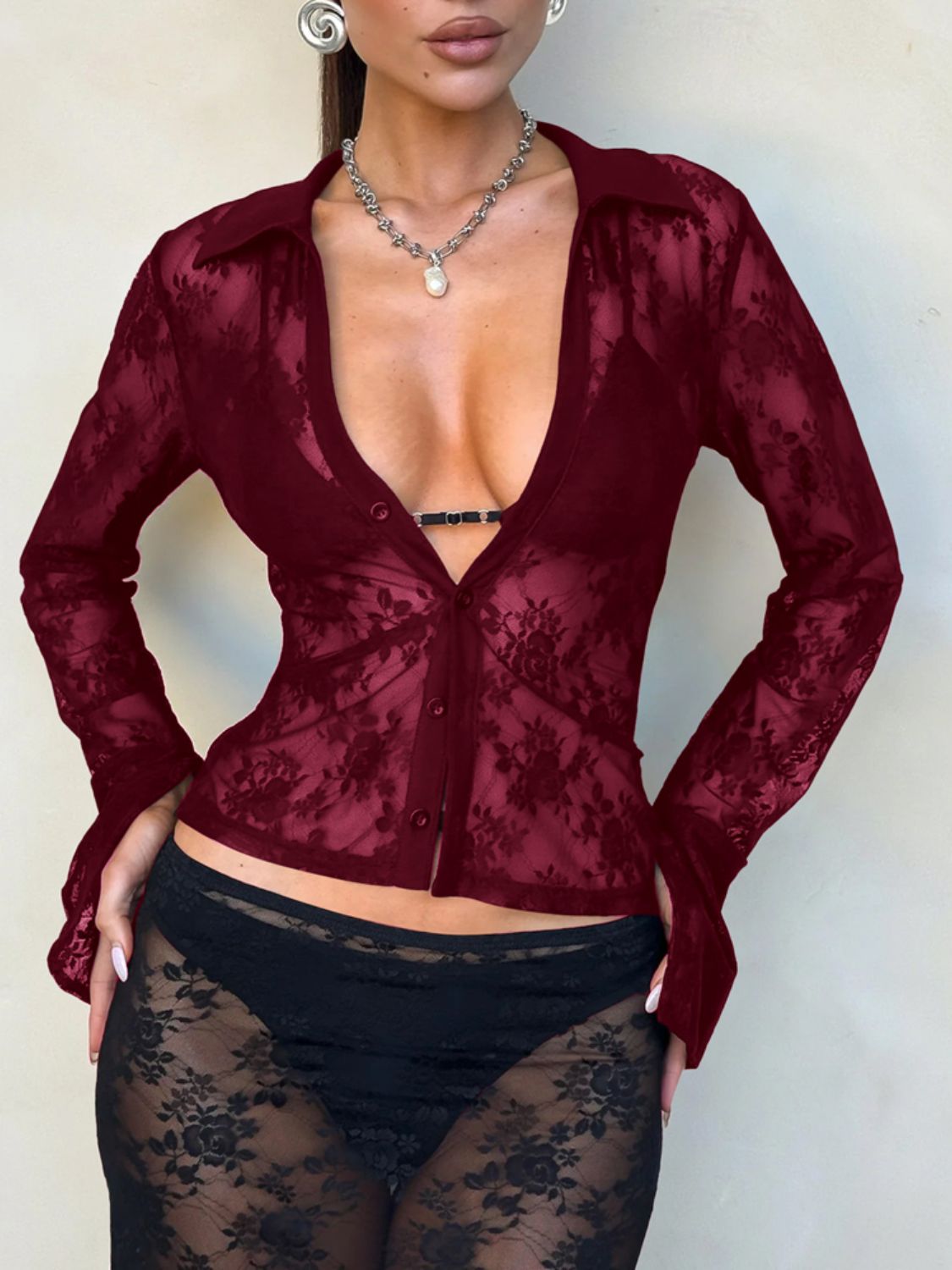 Devine Plunge Long Sleeve Lace Top-TOPS / DRESSES-[Adult]-[Female]-Burgundy-S-2022 Online Blue Zone Planet