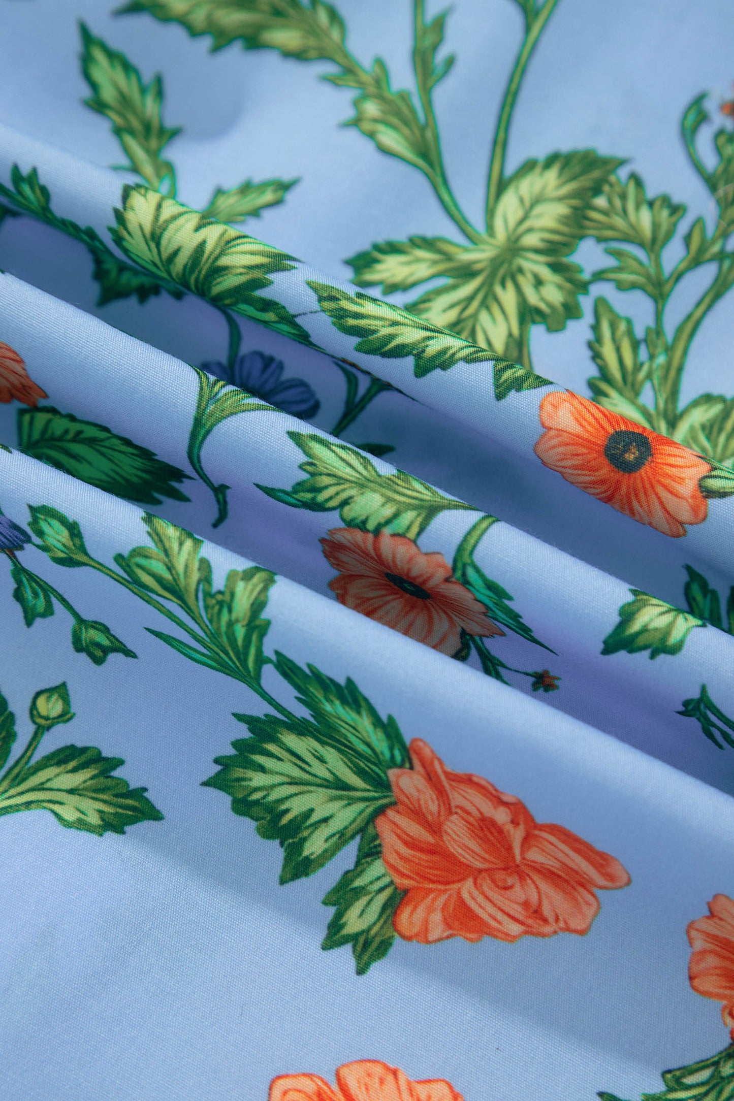 Sky Blue Floral Print Bracelet Sleeve Button Down Casual Shirt-Bracelet-[Adult]-[Female]-2022 Online Blue Zone Planet