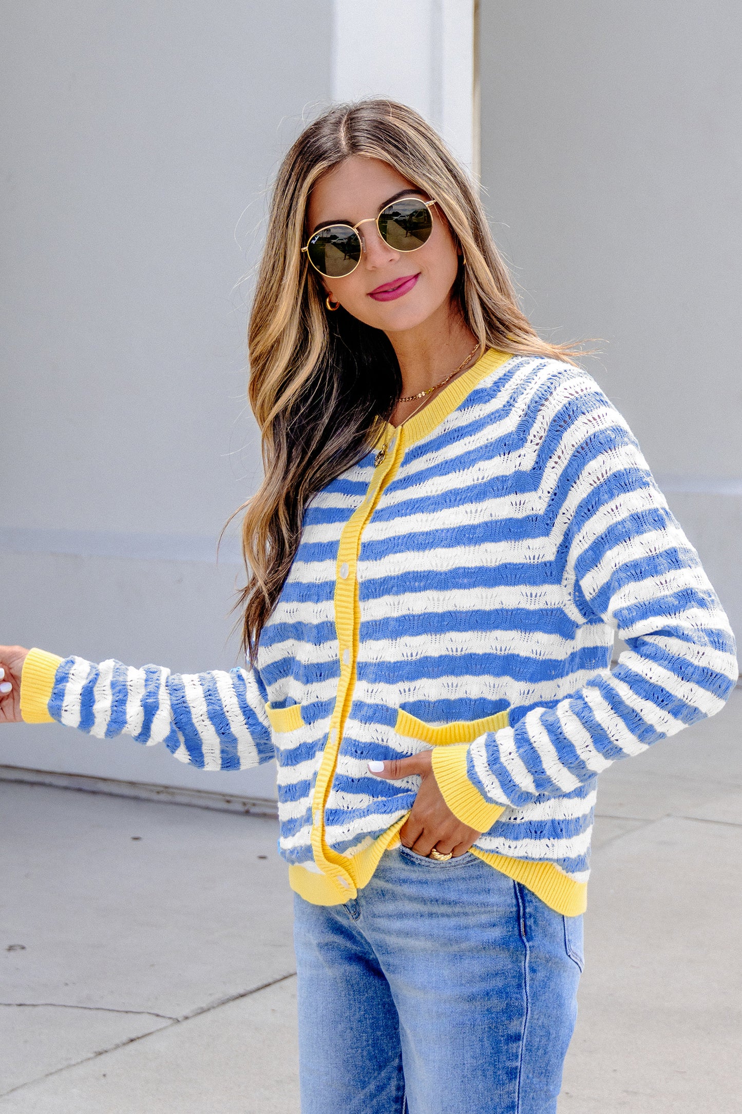 Sky Blue Stripe Striped Colorblock Button Front Long Sleeve Loose Fit Knit Cardigan