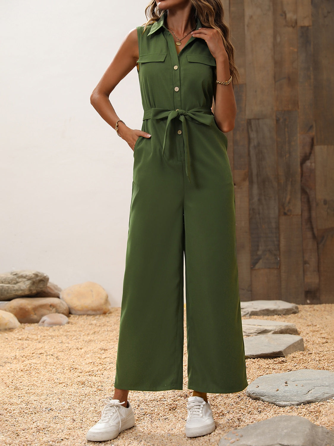 Tie Waist Sleeveless Wide Leg Jumpsuit-[Adult]-[Female]-Army Green-S-2022 Online Blue Zone Planet