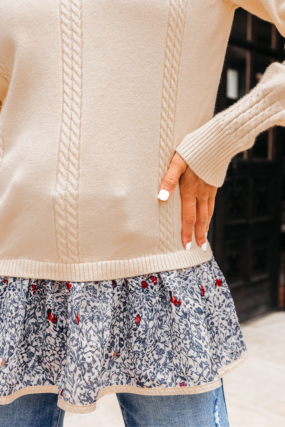 Beige Cable Texture Bohemian Ruffle Hem Patchwork Sweater-TOPS / DRESSES-[Adult]-[Female]-2022 Online Blue Zone Planet