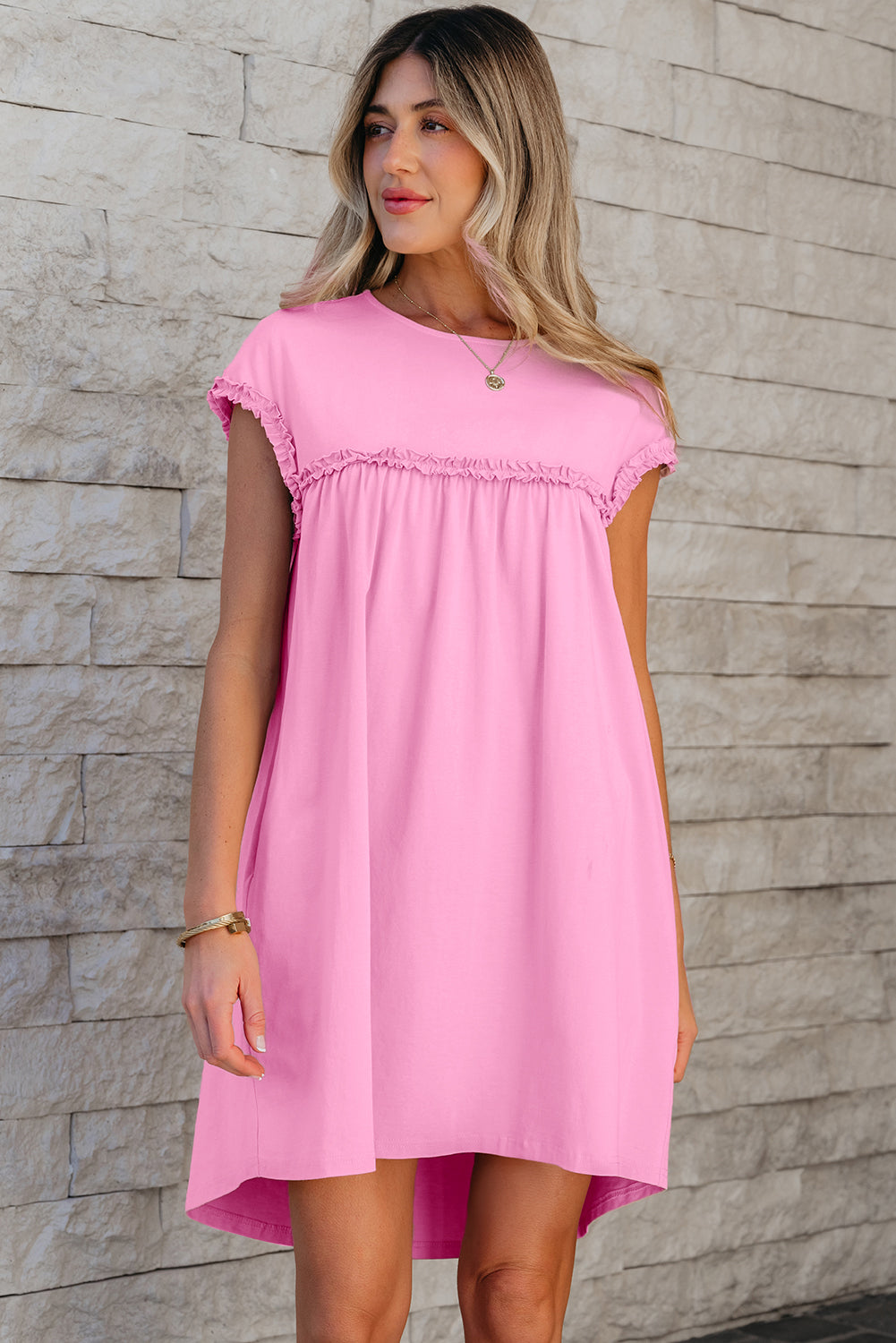 Pink Frilled Trim Crew Neck Loose Fit Mini Dress-TOPS / DRESSES-[Adult]-[Female]-2022 Online Blue Zone Planet