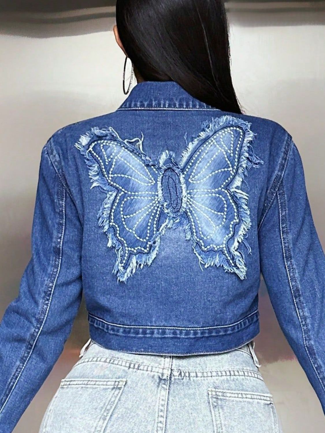 Blue Zone Planet | Butterfly Patch Long Sleeve Cropped Denim Top-TOPS / DRESSES-[Adult]-[Female]-2022 Online Blue Zone Planet