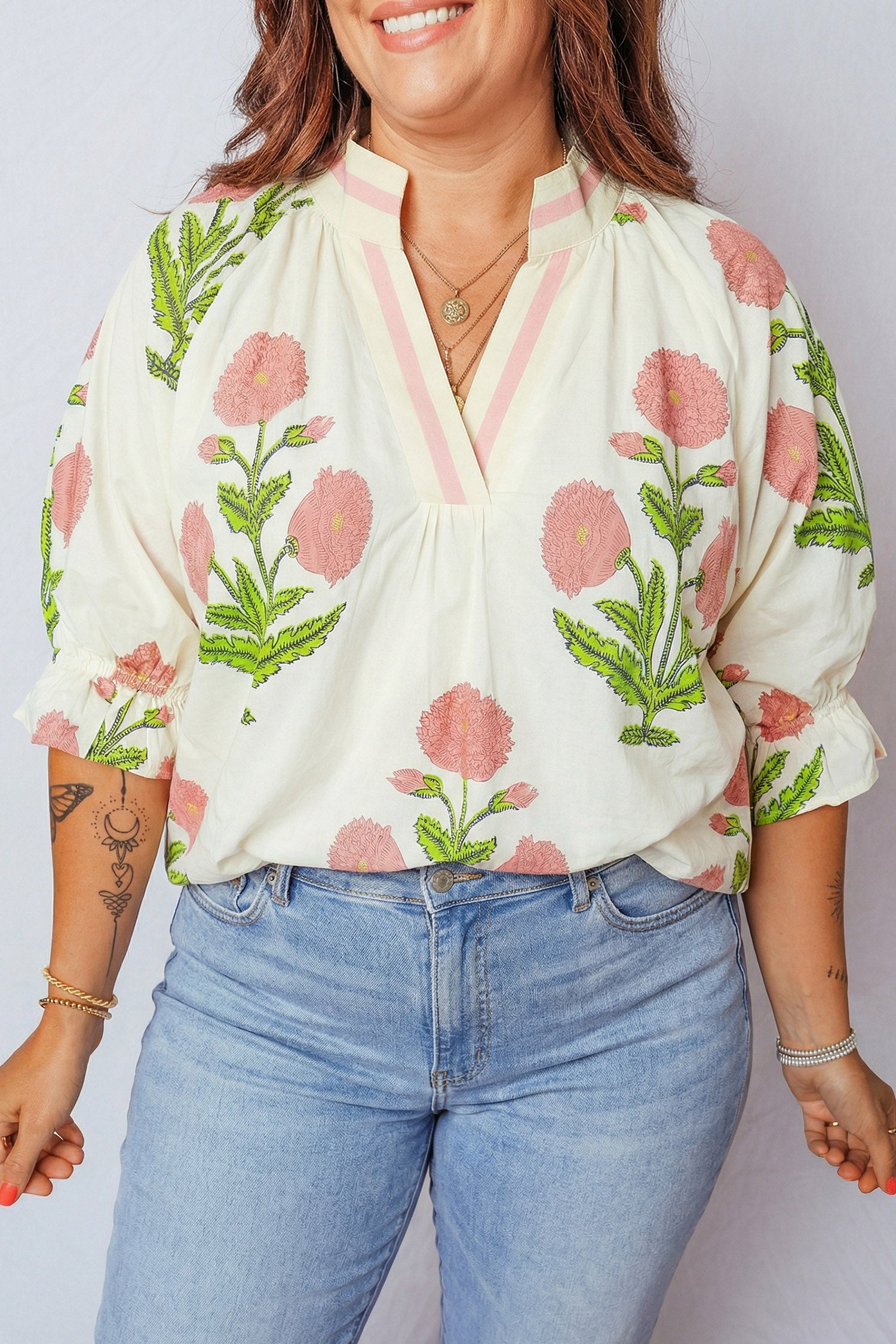 Pink Plus Size Floral Print Striped Trim V Neck Blouse-Plus Size/Plus Size Tops/Plus Size Blouses & Shirts-[Adult]-[Female]-Pink-1X-2022 Online Blue Zone Planet